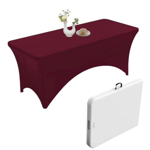 Urby Elastische Tischdecke für rechteckige Tische, 1,8 m x 0,8 m, Burgunderrot, dehnbares, knitterfreies Spandex, passend für Lebenszeit, Cosco, Mainstays und andere von urby
