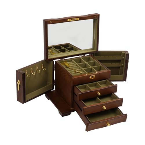 ureggvbu 4 Schichten Schatulle Aus Holz, Schmuckschatulle mit Spiegel Schmuckkästchen Holz Kasten AbschließBare Koffer mit einem Schlüssel ausgestattet für Schmuck, Ohrringe ureggvbu 4 Schichten Schatulle Aus Holz, Schmuckschatulle mit Spiegel Schmuckkästchen Holz Kasten AbschließBare Koffer mit einem Schlüssel ausgestattet für Schmuck, Ohrringe von ureggvbu
