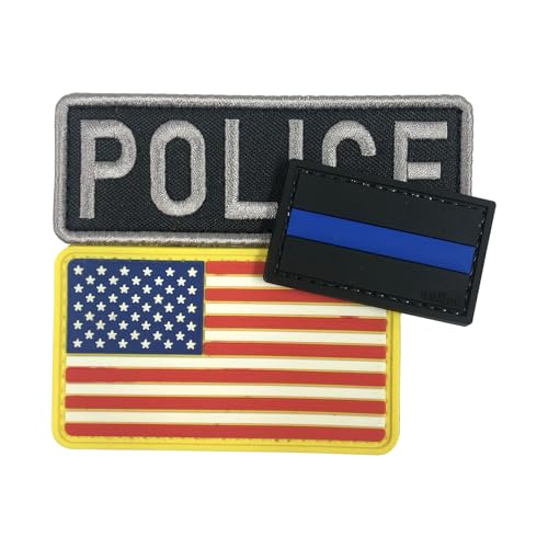 uuKen Bestickte Aufnäher mit Polizeimotiv, 10,2 x 3,4 cm, mit Hakenverschluss auf der Rückseite für Taschen, Westen, Jacken (3 Stück, grau, Flagge, dünner blauer Aufnäher) von uuKen