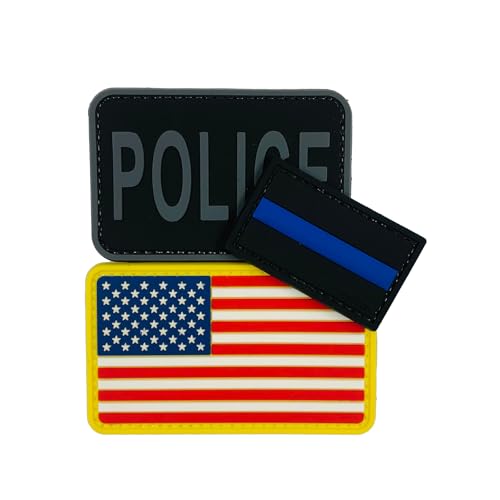 uuKen PVC-Flicken, 7,6 x 5,1 cm, für Hüte, Mützen, Taschen, Rucksäcke, Westen, Kleidung (3 Stück, grau, Flagge, dünne blaue Linie), 3 Stück von uuKen
