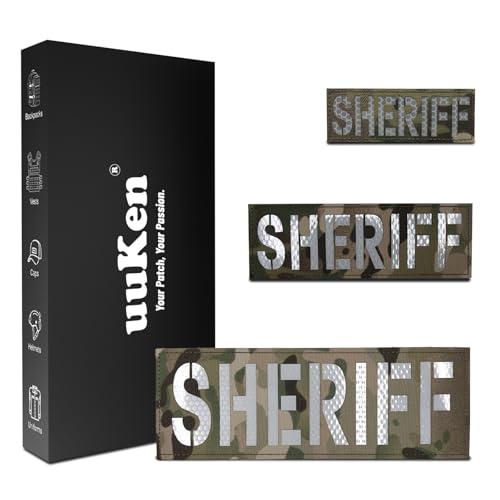 uuKen Sheriff-Aufnäher, reflektierend, lasergeschnitten, mit Klettverschluss, Tarnfarben und Weiß, für Westen, Rucksäcke, Hüte (3 Stück, 10,2 x 3,6 cm, 1 x 15,2 x 5,1 cm und 1 x 21,6 x 7,6 cm) von uuKen