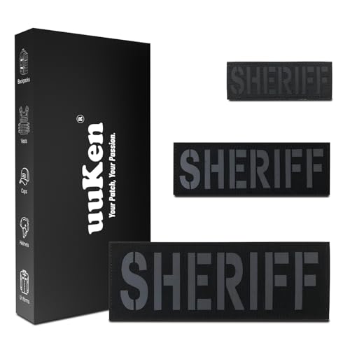 uuKen Sheriff-Patch, schwarz, reflektierend, lasergeschnitten, mit Klettverschluss, für Westen, Jacken, Taschen, Teller, Hüte, 3 Stück, 10,2 x 3,6 cm, 1 Stück 15,2 x 5,1 cm und 1 Stück 21,6 x 7,6 cm uuKen Sheriff-Patch, schwarz, reflektierend, lasergeschnitten, mit Klettverschluss, für Westen, Jacken, Taschen, Teller, Hüte, 3 Stück, 10,2 x 3,6 cm, 1 Stück 15,2 x 5,1 cm und 1 Stück 21,6 x 7,6 cm von uuKen