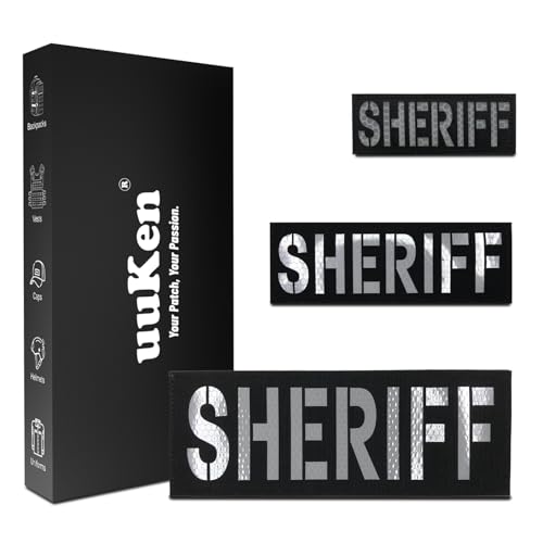 uuKen Sheriff-Patch, schwarz und weiß, reflektierend, lasergeschnitten, mit Klettverschluss, für Westen, Jacken, Taschen, Rucksäcke, Hüte (3 Stück, 10,2 x 3,6 cm, 1 x 15,2 x 5,1 cm und 1 x 21,6 x 7,6 uuKen Sheriff-Patch, schwarz und weiß, reflektierend, lasergeschnitten, mit Klettverschluss, für Westen, Jacken, Taschen, Rucksäcke, Hüte (3 Stück, 10,2 x 3,6 cm, 1 x 15,2 x 5,1 cm und 1 x 21,6 x 7,6 von uuKen