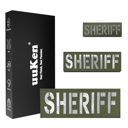 uuKen Sheriff-Patches OD grün und weiß, reflektierend, mit Klettverschluss, lasergeschnitten, für Westen, Jacken, Taschen, Kappen (3 Stück, 10,2 x 3,6 cm, 1 x 15,2 x 5,1 cm und 1 x 21,6 x 7,6 cm) von uuKen