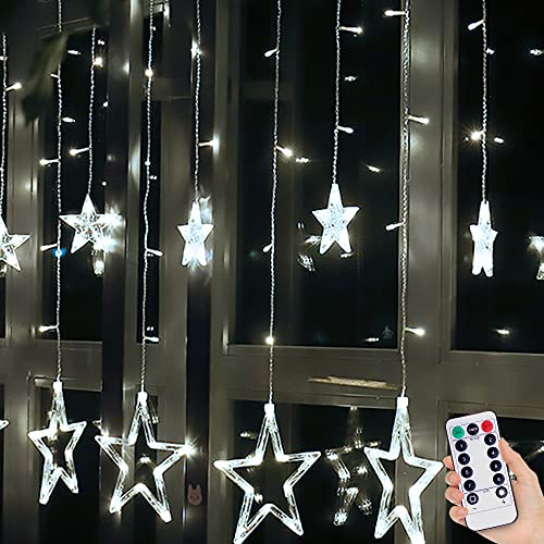 12 Sterne LED Lichterkette,138 LEDs Lichtervorhang Weihnachtslichter Sternenvorhang mit Fernbedienung,8 Modi, USB Aufladung Für Innen Außen,Weihnachten,Party,Hochzeit, Garten, Balkon(kaltweiß) von uuffoo