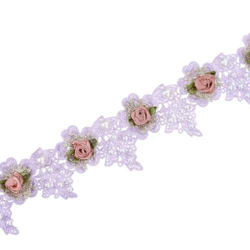uxcell Spitzenband mit Rosenblüten, bestickt, ca. 2 m, Polyester, weiße Perlen, bestickt, Spitzenbesatz, Stoffapplikationen für Hochzeit, Basteln, Dekoration, 5,1 cm breit, Violett von uxcell