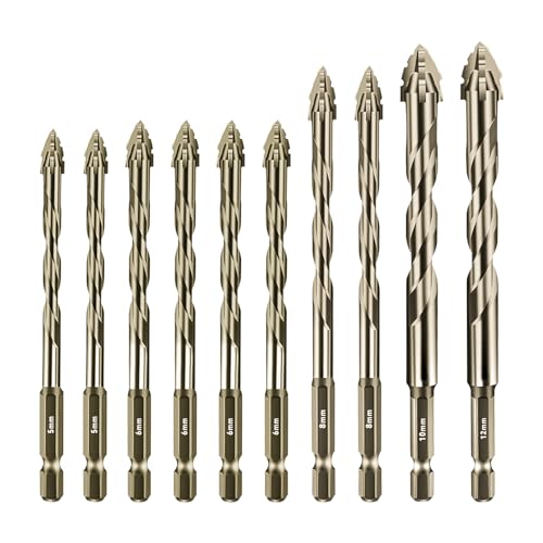 Vierschneidiger Sägezahn Exzenterbohrer, hochfester gezackter Bohrer, 1/4-Sechskantschaft, hochfester Fliesenbohrersatz mit Hartmetallspitze (5/5/6/6/6/6/8/8/10/12MM,Yellow) von uzoyfoda