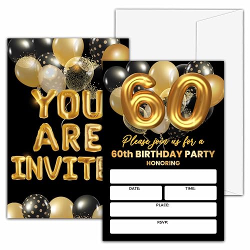 valucise Einladungskarten zum 60. Geburtstag, Schwarz und Gold, Goldballon-Geburtstagsparty-Einladungskarten, Geburtstagsparty-Zubehör (20 Einladungen mit 20 Umschlägen) – 60 von valucise