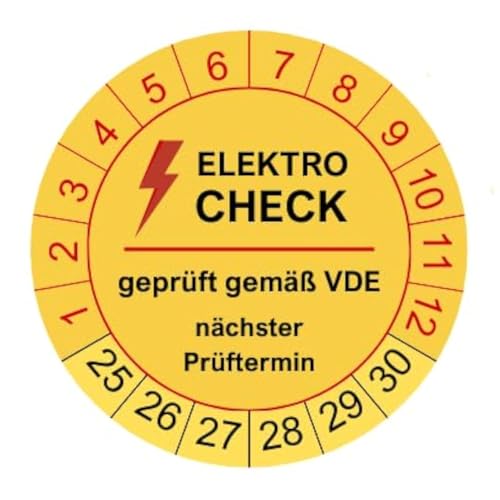 1000 Prüfplaketten Elektrocheck 2024-30mm - nachhaltig - 2025 bis 2023 - gelb - geprüft gemäß VDE - Nächster Prüftermin - Aufkleber Prüfaufkleber Prüfetiketten E-Check Elektrocheck (1000 Stück) von vamani