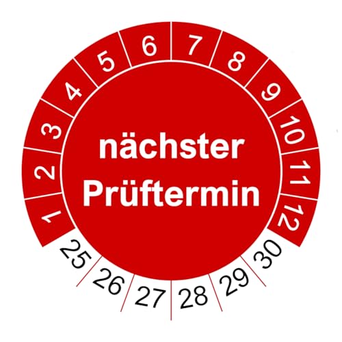 200 Prüfplaketten nächster Prüftermin - 2025 bis 2030-30 mm - nachhaltig - rot - 2024 - Prüfetiketten/Wartungsetiketten für Prüfung (200 Stück, rot) von vamani