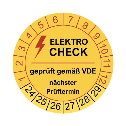 50 Prüfplaketten Elektrocheck 2024 - ø 30mm - 2025-2030 - nachhaltig - gelb - geprüft gemäß VDE - Nächster Prüftermin - Aufkleber Prüfaufkleber Prüfetiketten E-Check Elektrocheck von vamani