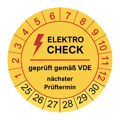 50 Prüfplaketten Elektrocheck 2024 - ø 30mm - 2025-2030 - nachhaltig - gelb - geprüft gemäß VDE - Nächster Prüftermin - Aufkleber Prüfaufkleber Prüfetiketten E-Check Elektrocheck von vamani