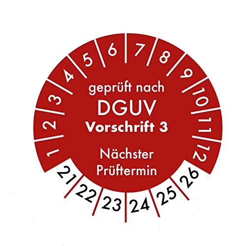 Prüfplaketten DGUV V3 auf Dokumentenfolie - ø 20 mm - CO2 neutral gedruckt in Deutschland - 5000-20000 Stück - rot - 2021-2026 (2000) von vamani