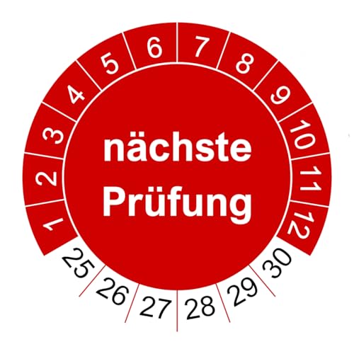 1000 Prüfplaketten nächste Prüfung - 2025 bis 2030-30 mm - nachhaltig - rot - 2024 - Prüfetiketten/Wartungsetiketten für Prüfung (1000 Stück, rot) von vamani