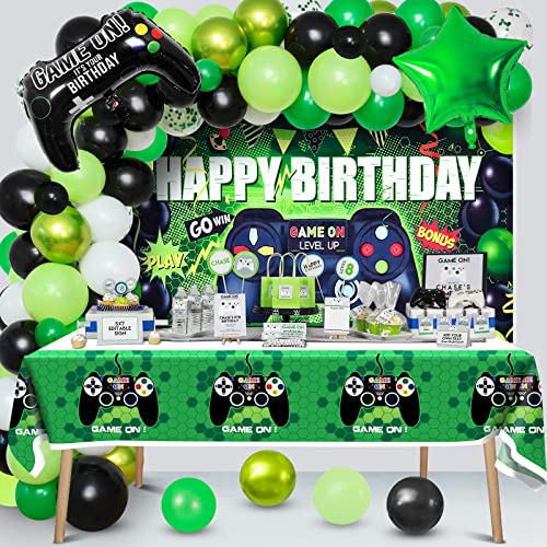 Vamei Gamer Deko Geburtstag Junge Videospiel Geburtstagsdeko Luftballons Geburtstag mit Tischdecke Happy Birthday Hintergrund Banner Schwarz Grün Ballons Videospiel Party Deko für Kinder Jungen von vamei