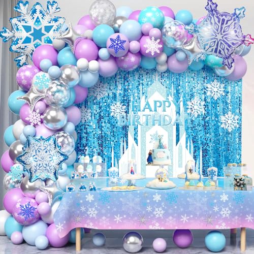 vamei 159 Stück Frozen Geburtstagsdeko Mädchen Lila Blau Luftballon Girlande Schneeflocke Foilen Ballon Tischdecke Hintergrund Frozen Party Deko Eiskönigin Prinzessin Elsa Geburtstagsparty Deko von vamei