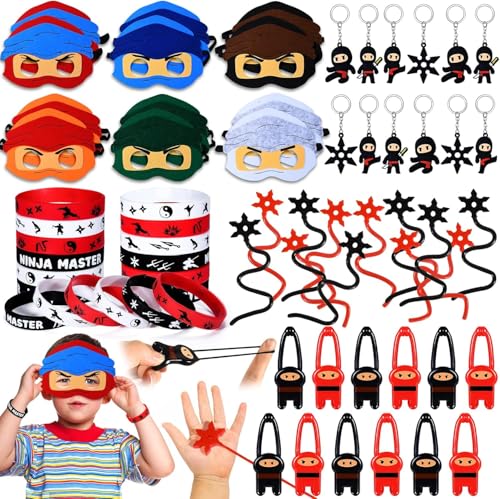 Vamei 60 Stück Ninja Party Mitgebsel - Masken, Schlüsselanhänger, Silikon Armbänder, Fingerschleuder, Fliegendes Klebriges Spielzeug für Kindergeburtstag - Ninja Warrior Themed Party für Jungen von vamei