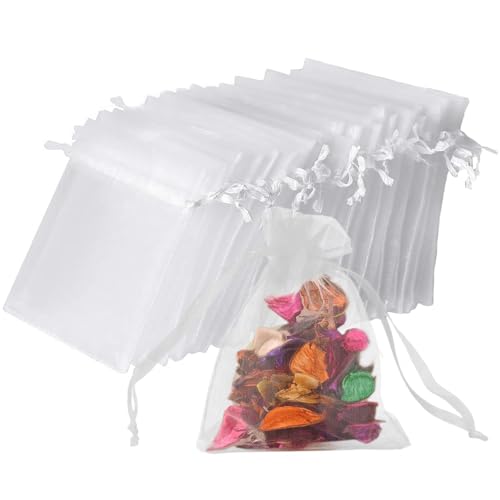vaolmlop 100 Stück 10 * 12 cm Geschenk Hochzeit Säckchen,Organza Beutel Mit Kordelzug,Organza Säckchen Weiß Organzabeutel Schmucksäckchen Geschenktüten Für Hochzeit Oder Fest Party von vaolmlop