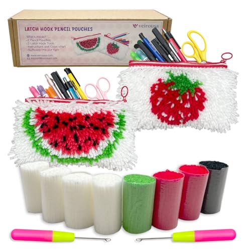 veirousa Federmäppchen mit Knüpfhaken und Erdbeere und Wassermelone, für Anfänger, Flully Fruit DIY Bastel-Bleistifttasche für Mädchen und Jungen, 2 Stück von veirousa