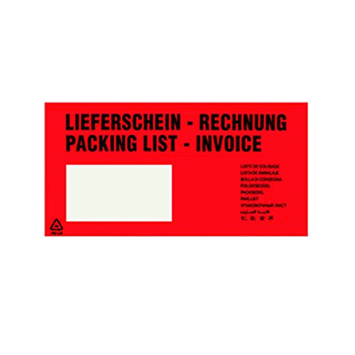 100 Lieferscheintaschen Versandtaschen Pakettaschen DIN-Lang, 225 x 110 mm, rot, bedruckt von verpacking