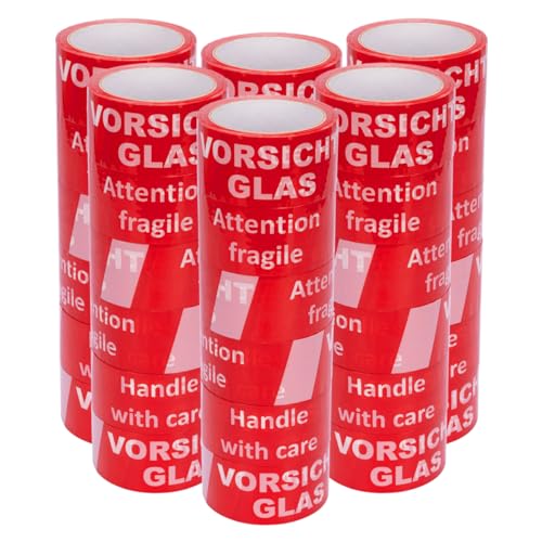verpacking PP-Klebeband 50 mm x 66 m Vorsicht Glas [Ausführung, Farbe & Stückzahl wählbar] extra leise abrollend Paketklebeband Packband Verpackungsklebeband 36 Rollen von verpacking