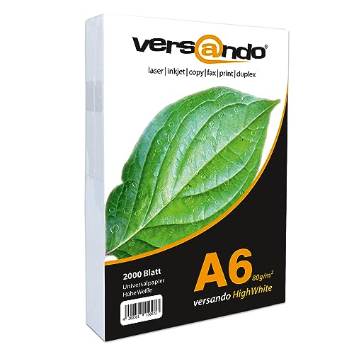 versando 2.000 Blatt Papier DIN A6 HighWhite 80 Druckerpapier Universalpapier Kopierpapier Rezeptpapier hochweiß (105 x 148 mm) von versando