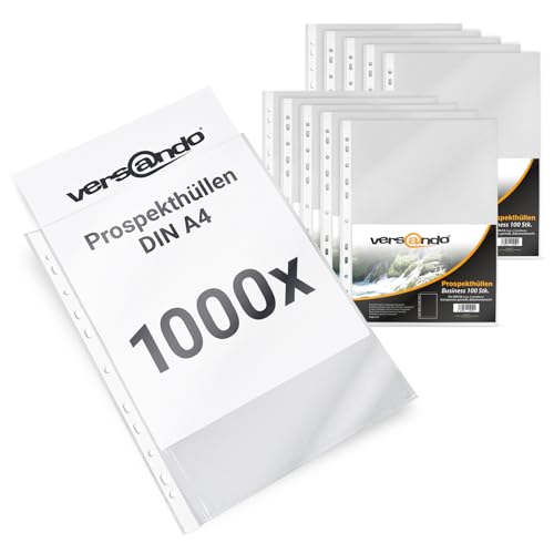 versando 1.000x A4 Prospekthüllen Business mit Heftrand Klarsichthüllen genarbt transparent 60my (10x 100 Stück) von versando