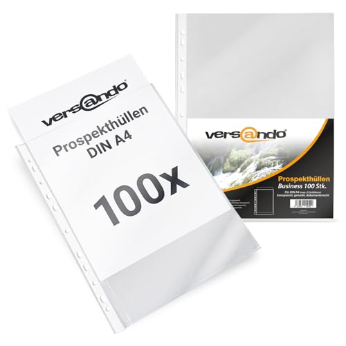 versando 100x A4 Prospekthüllen Business mit Heftrand Klarsichthüllen genarbt transparent 60my (1x 100 Stück) von versando