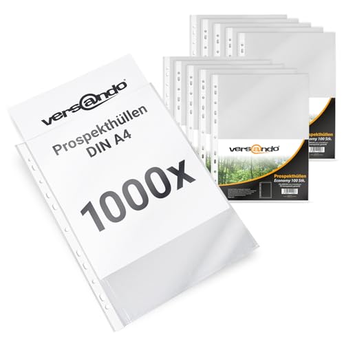 versando 1000x A4 Prospekthüllen Economy mit Heftrand Klarsichthüllen genarbt transparent 45my (10x100 Stück) von versando