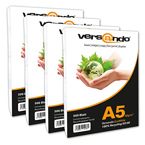 versando 2.000 Blatt Recyclingpapier DIN A5 EcoWhite 80g Kopierpapier Druckerpapier Öko Umweltpapier (148 x 210 mm) von versando