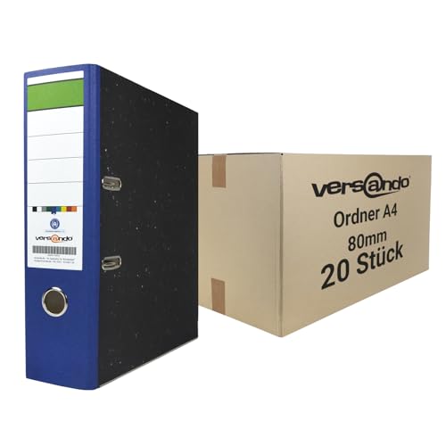 versando 20x breiter Premium Ordner DIN A4 Rücken 8cm Aktenordner Ringordner - Blauer Engel zertifiziert - blau (1 Karton) von versando