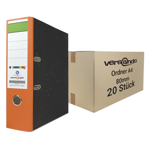 versando 20x breiter Ordner DIN A4 Rücken 8cm Aktenordner Ringordner - Blauer Engel zertifiziert - orange (1 Karton) von versando