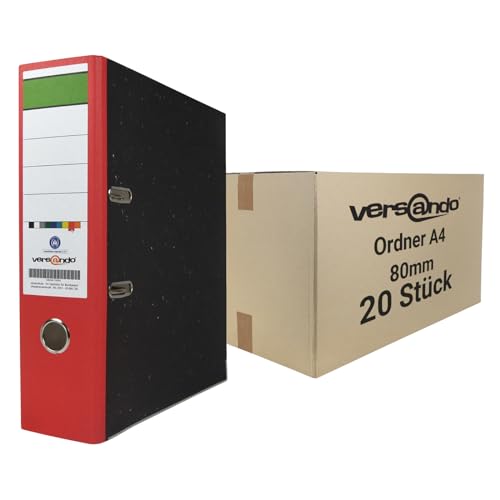 versando 20x breiter Premium Ordner DIN A4 Rücken 8cm Aktenordner Ringordner - Blauer Engel zertifiziert - rot (1 Karton) von versando