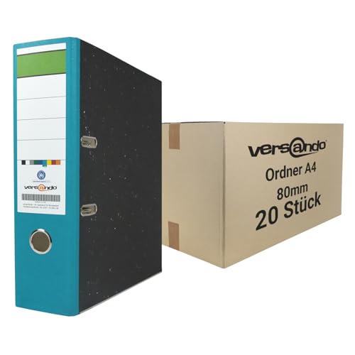 versando 20x breiter Premium Ordner DIN A4 Rücken 8cm Aktenordner Ringordner - Blauer Engel zertifiziert - türkis (1 Karton) von versando