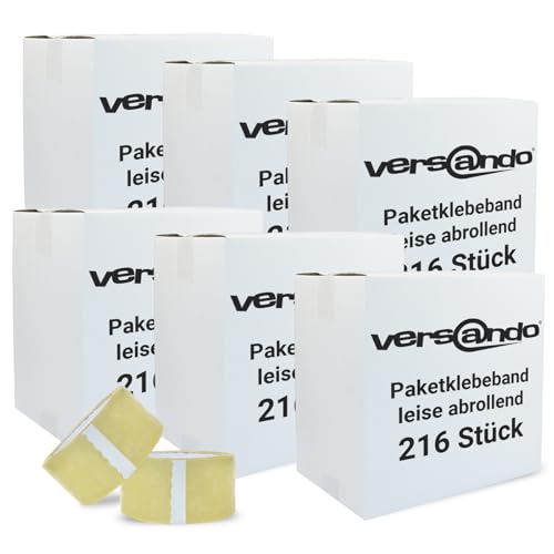 versando 216x geräuscharmes Packband transparent 66m Klebeband zum Verpacken von Paketen + Kartons - starke Klebekraft leise abrollend 216 Rollen (6 Karton) von versando