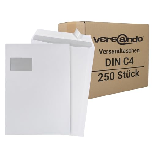 versando 250x C4 Versandtaschen mit Fenster Briefumschläge Fensterbriefumschläge weiß selbstklebend passend für DIN A4 (1 Karton) von versando