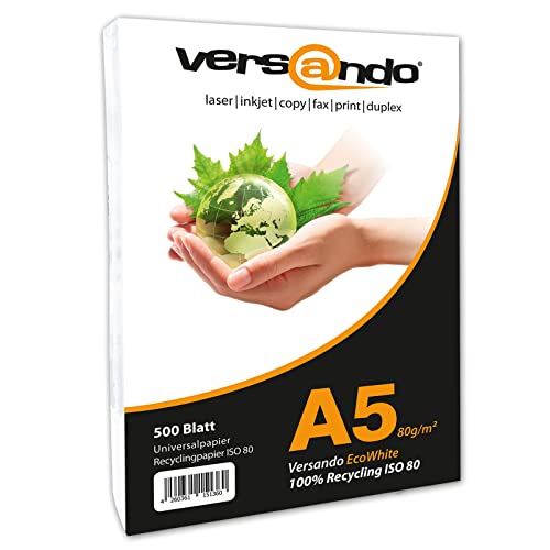 versando 500 Blatt Recyclingpapier DIN A5 EcoWhite 80g Kopierpapier Druckerpapier Öko Umweltpapier (148 x 210 mm) von versando