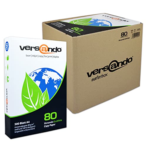 versando 2.500 Blatt Recyclingpapier DIN A4 EcoWhite 80g Kopierpapier Druckerpapier Öko hohe Weiße ISO 90 - Blauer Engel zertifiziert - Umweltpapier in der Saferbox von versando