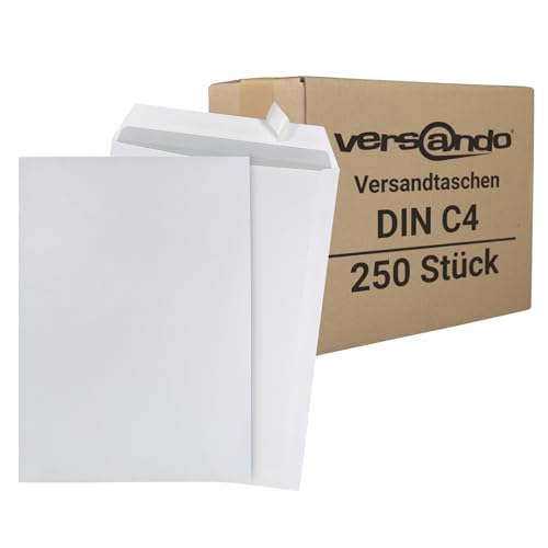 versando 250x C4 Versandtaschen ohne Fenster Briefumschläge weiß selbstklebend passend für DIN A4 (1 Karton) von versando