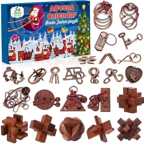Adventskalender 2025 Knobelspiele für Erwachsene & Kinder - 24 Tage von Weihnachtskalender mit Metall Knobelei und Holz Rätsel, Logikspiele IQ Test Denkspiel Geschenk für Mädchen Jungen Jugendliche von vewicokop