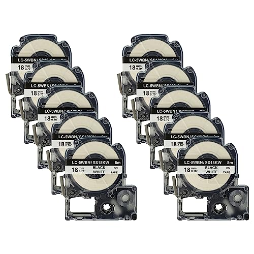 vhbw 10 x Kassette Patronen Schriftband 18mm kompatibel mit KingJim SR-PBW1, SR-RK1, SR150, SR180, SR230C, SR300TF, SR330, SR3700P Ersatz für LC-5WBN, SS18KW. von vhbw