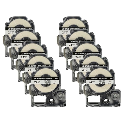 vhbw 10x Schriftband-Kassette kompatibel mit Epson LabelWorks LW-1000P, LW-600P, LW-500, LW-400, LW-300 Etiketten-Drucker 8m x 24mm Schwarz auf Weiß von vhbw