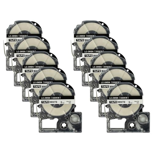 vhbw 10x Schriftband-Kassette kompatibel mit Epson LabelWorks LW-700, LW-900P Etiketten-Drucker 8m x 9mm Schwarz auf Weiß von vhbw
