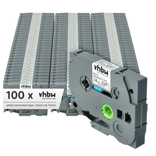 vhbw 100x Schriftband-Kassette kompatibel mit Brother PT ST-5 Etiketten-Drucker 8m x 12mm Schwarz auf Weiß von vhbw