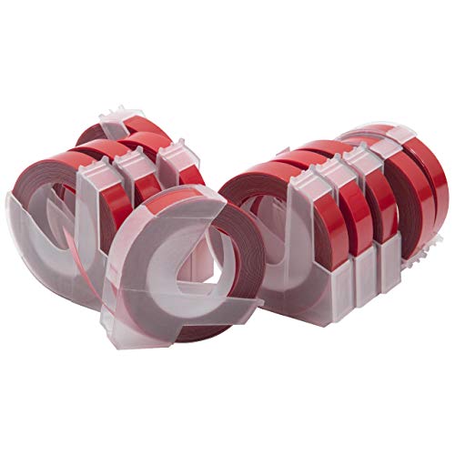vhbw 10x 3D Prägeband-Schriftband-Kassette kompatibel mit Dymo Mini, Omega Etiketten-Drucker 9mm Weiß auf Rot von vhbw