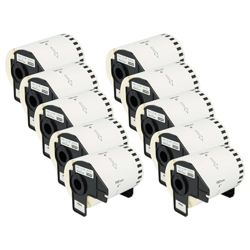 vhbw 10x Etiketten-Rolle mit Halter 102mm x 30,48m (1 Etikette) kompatibel mit Brother PT QL-710W, QL-720, QL-700, QL-710 Etiketten-Drucker von vhbw