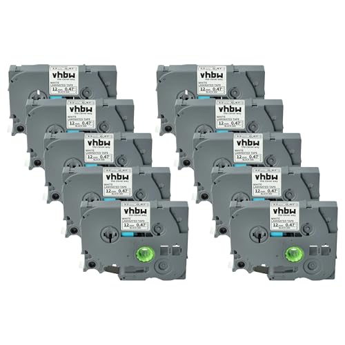 vhbw 10x Schriftband-Kassette kompatibel mit Brother PT D210, D210BK, D200SN, D201, D201CS, D202, D200VP Etiketten-Drucker 12mm Schwarz auf Weiß von vhbw