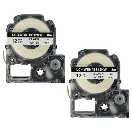 vhbw 2x Schriftband-Kassette kompatibel mit Epson LabelWorks LW-700, LW-900P, LW-500, LW-400 Etiketten-Drucker 8m x 12mm Schwarz auf Weiß von vhbw