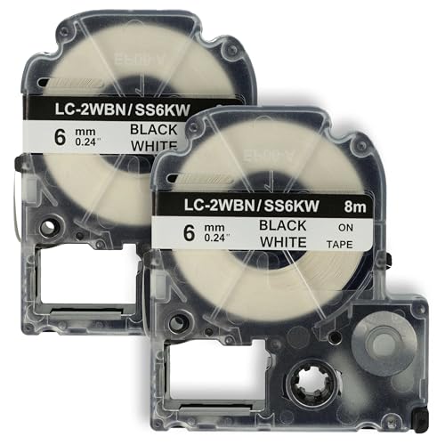 vhbw 2x Schriftband-Kassette Ersatz für Epson LC-2WBN, SS6KW für Etiketten-Drucker 6mm Schwarz auf Weiß von vhbw