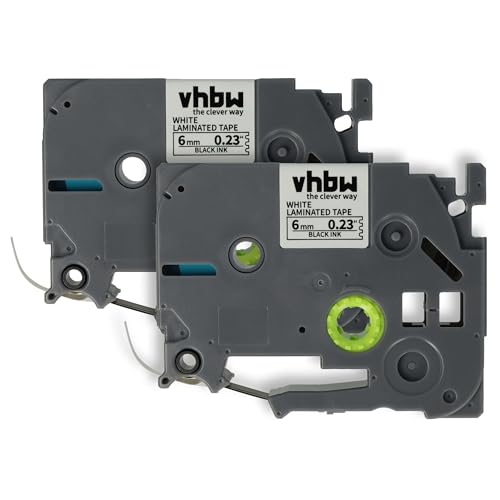 vhbw 2x Schriftband-Kassette kompatibel mit Brother PT 9600, 9400, 900, 550, D400, 540, D400VP, 3600, 350 Etiketten-Drucker 8m x 6mm Schwarz auf Weiß von vhbw